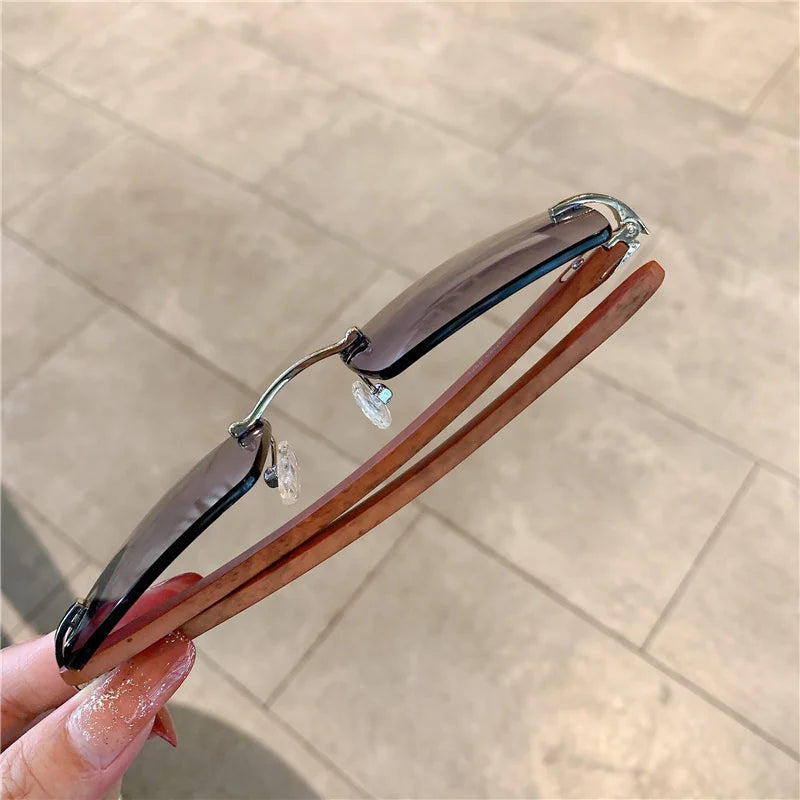 KAMMPT Rimless Sunglasses For Men Women Wooden Pattern Luxury Brand Retro Sun Glasses Fashion Shades UV400 Travel Outdoor