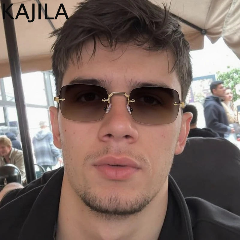 Small Frame Rectangle Rimless Punk Sunglasses Men 2025 Luxury Brand Vintage Metal Sun Glasses For Male Classic Shades UV400