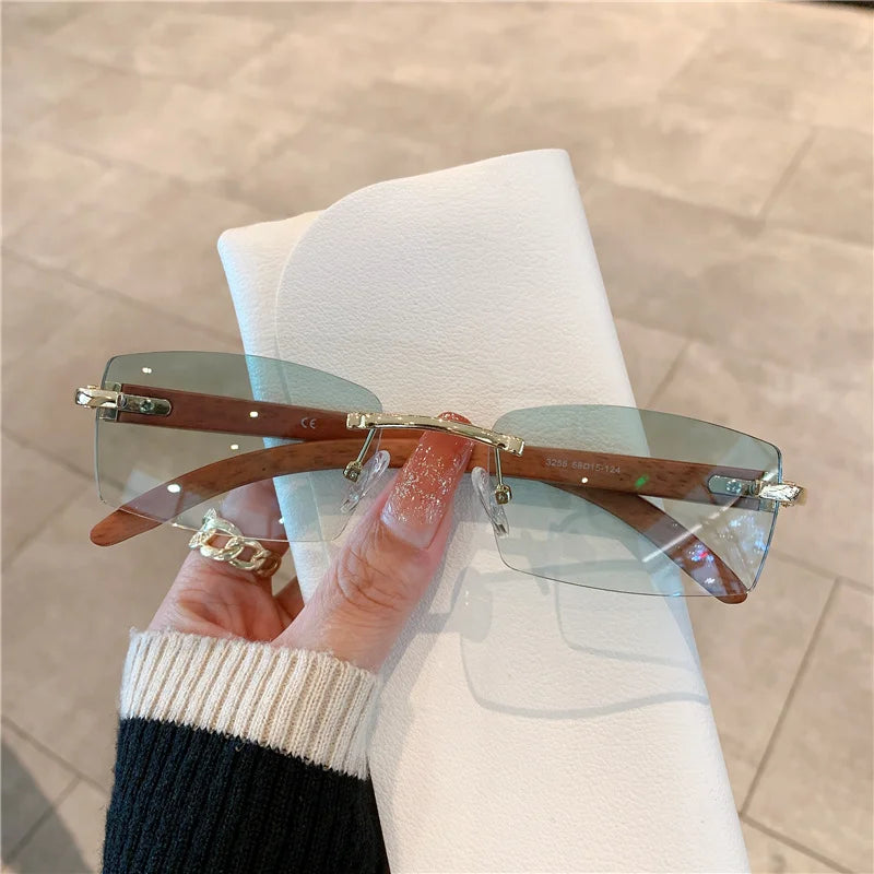 KAMMPT Rimless Sunglasses For Men Women Wooden Pattern Luxury Brand Retro Sun Glasses Fashion Shades UV400 Travel Outdoor