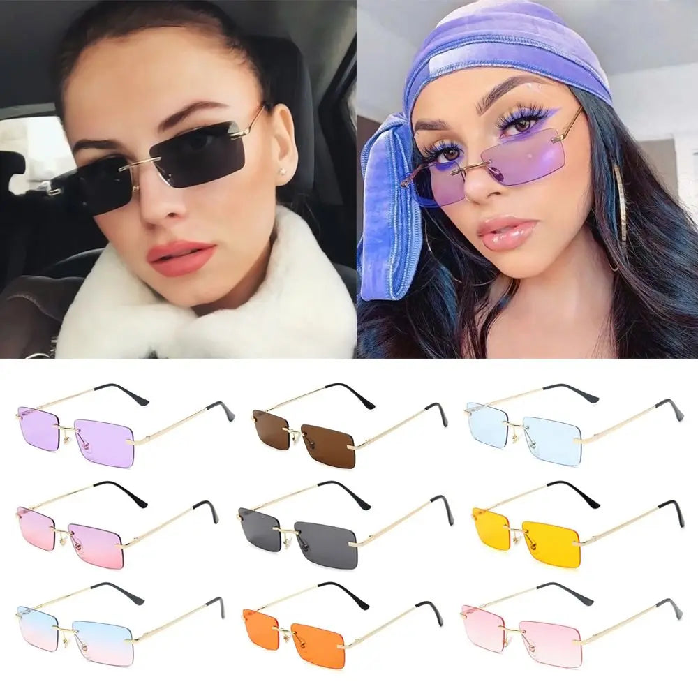 Luxury Design Eyeglasses UV400 Small Sun Glasses Rectangle Rimless Women Vintage Sunglasses Gradient Glasses