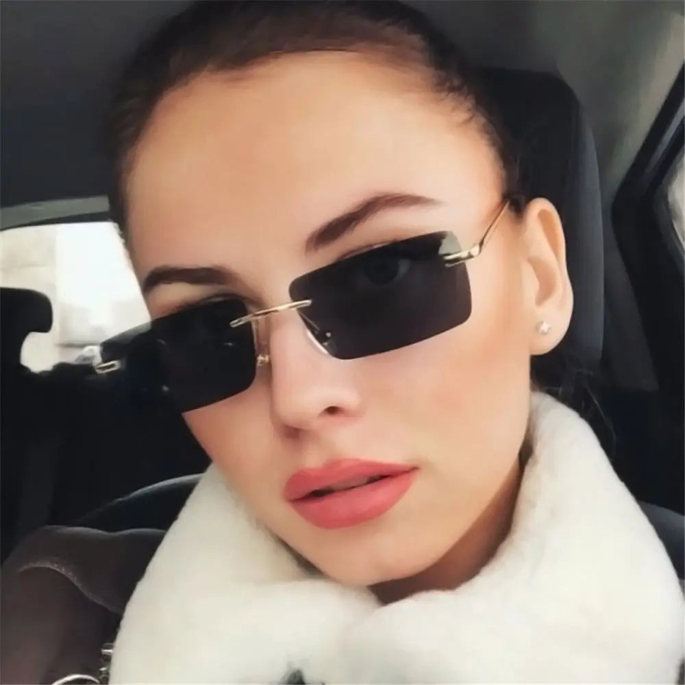 Luxury Design Eyeglasses UV400 Small Sun Glasses Rectangle Rimless Women Vintage Sunglasses Gradient Glasses